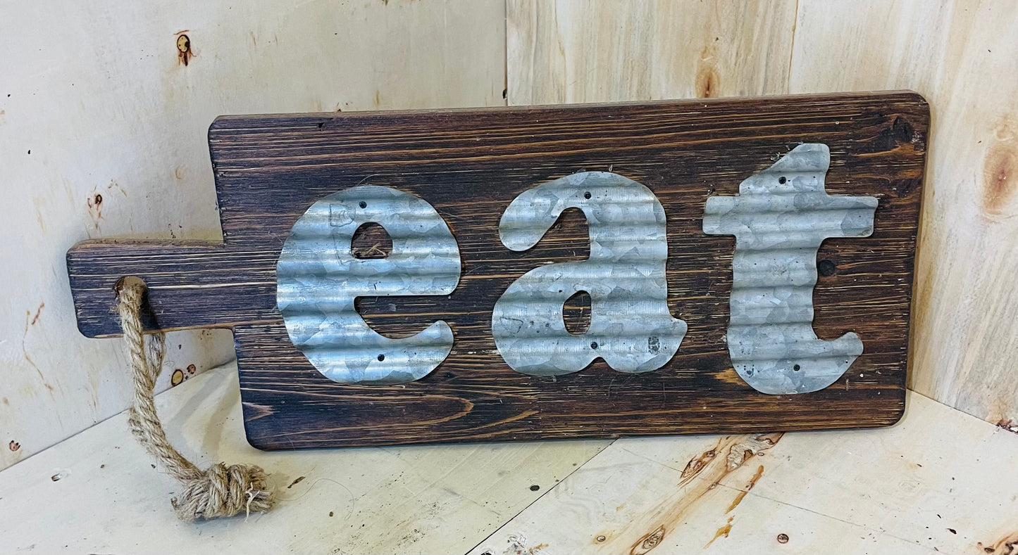 Rustic Wood & Galvanized Metal “EAT” Wall Sign with Rope Hanger