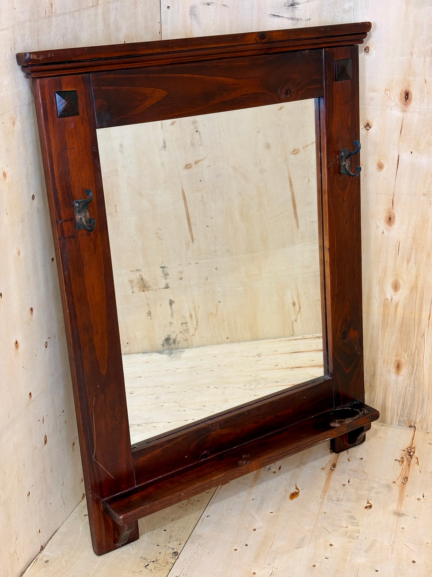 Solid Wood Wall Mirror with Shelf and Hooks