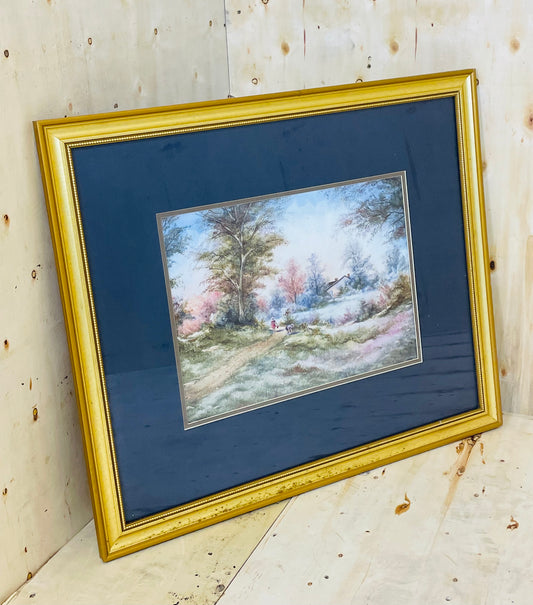 Framed Pastoral Landscape Print – Gold Frame with Navy Mat