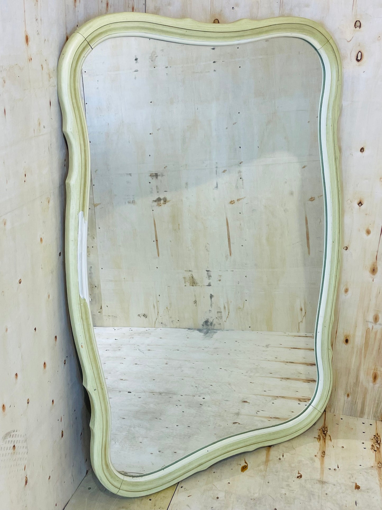 Vintage Curved Wall Mirror with Distressed Cream Frame