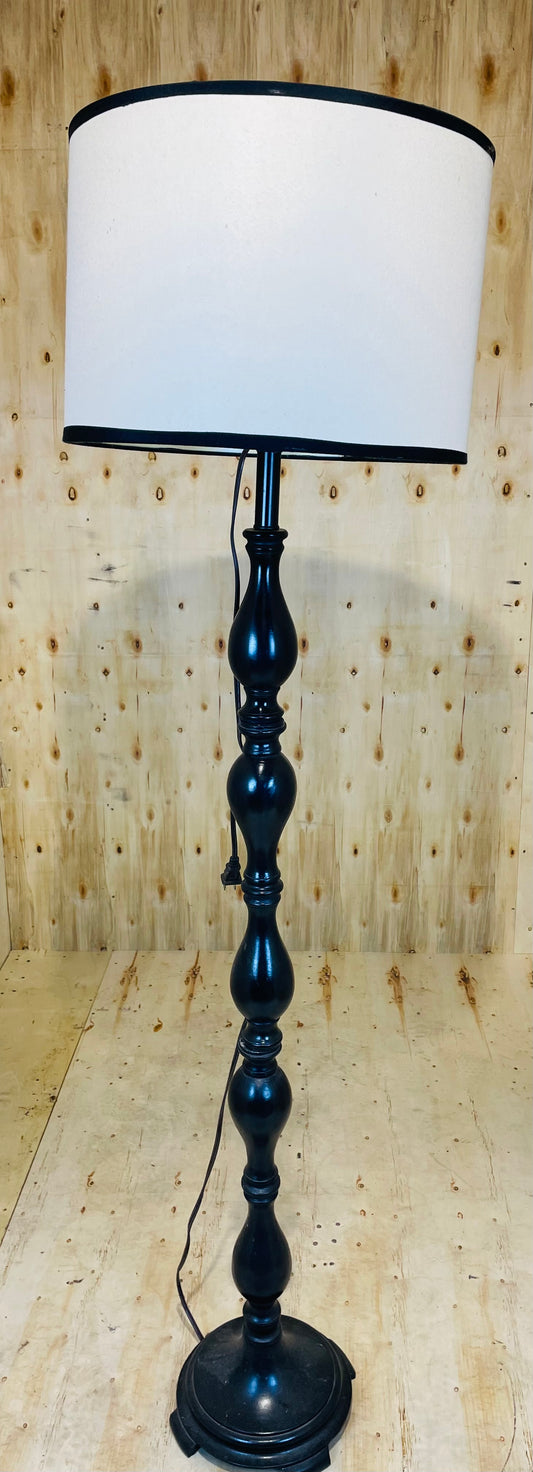 Black Turned Wood Floor Lamp with Drum Shade