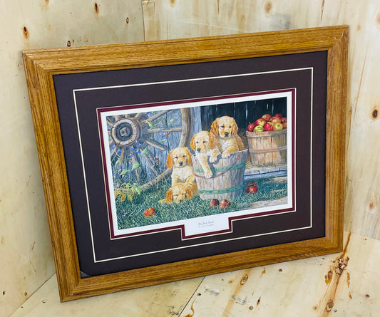 “Bucket Seat” Framed Art Print – Puppies in Apple Buckets
