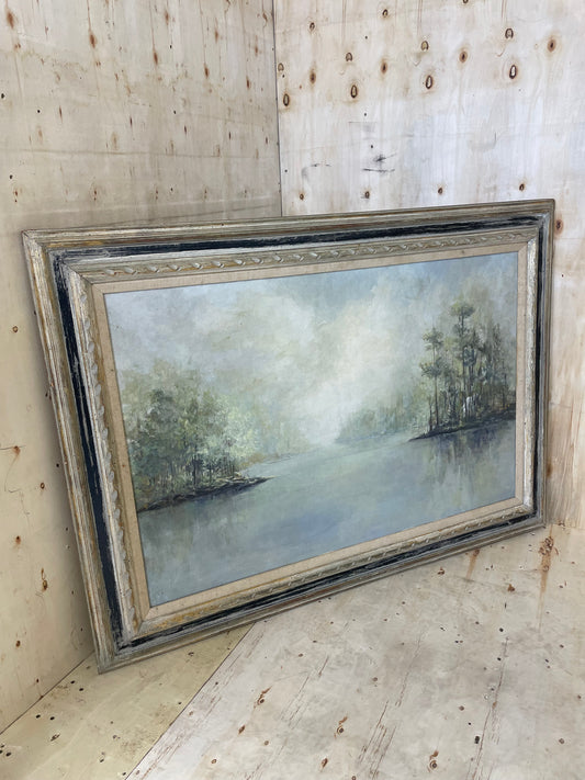 Framed Serene River Landscape Art Print with Distressed Wood Frame
