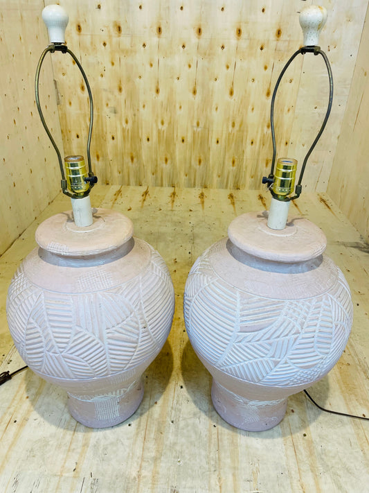 Textured Ceramic Table Lamp Pair with Sculpted Pattern Base