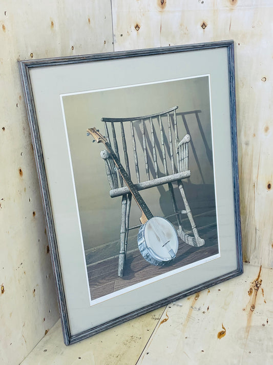Framed Rustic Banjo & Chair Still Life Wall Art