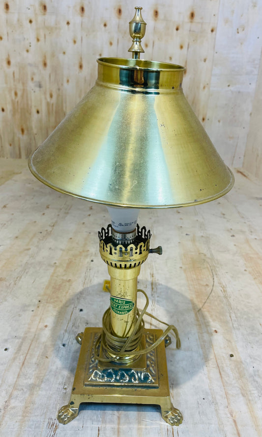 Vintage Brass Table Lamp with Metal Shade and Decorative Base
