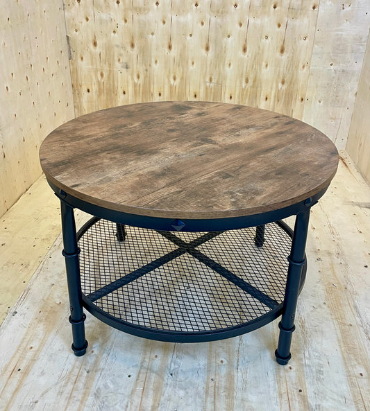 Industrial Round Coffee Table with Mesh Shelf